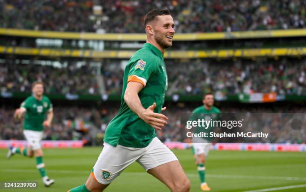 Dublin , Ireland - 11 June 2022; Alan Browne of Republic of Ireland celebrates after scoring his side's first goal during the UEFA Nations League B...