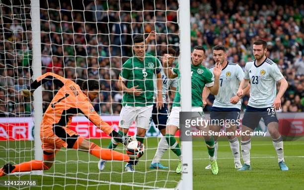 Dublin , Ireland - 11 June 2022; Alan Browne of Republic of Ireland scores his side's first goal past Scotland goalkeeper Craig Gordon during the...
