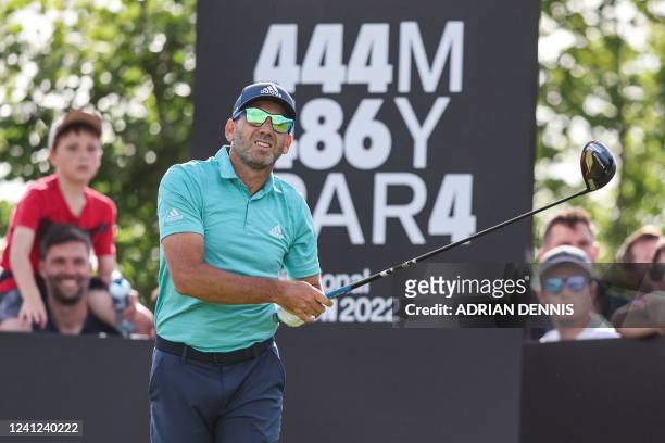 Spanish golfer Sergio Garcia reacts after playing a shot on the 16th hole on the third and final day of the LIV Golf Invitational Series event at The...