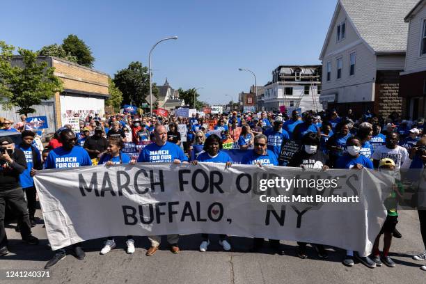 Group estimated in the hundreds takes part in a March For Our Lives event on June 11, 2022 in Buffalo, New York. Eighteen-year-old Payton Gendron...