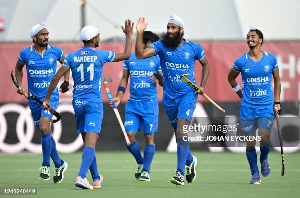 India's Jarmanpreet Singh scores a goal during a hockey match between the Belgian Red Lions and India in the group stage of the Men's FIH Pro League...
