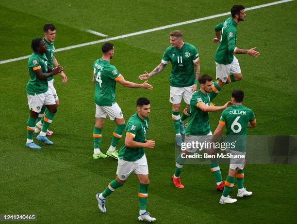 Dublin , Ireland - 11 June 2022; Alan Browne of Republic of Ireland celebrates with James McClean after scoring their side's first goal during the...