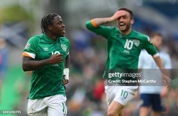 Dublin , Ireland - 11 June 2022; Michael Obafemi of Republic of Ireland celebrates after scoring his side's third goal with teammate Troy Parrott,...