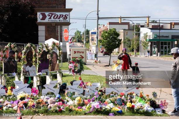 Memorial to the dead in the Tops grocery store mass shooting is shown during a March For Our Lives event on June 11, 2022 in Buffalo, New York....