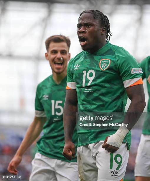 Dublin , Ireland - 11 June 2022; Michael Obafemi of Republic of Ireland celebrates after scoring his side's third goal during the UEFA Nations League...