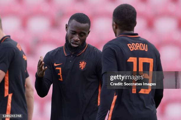 Lutsharel Geertruida of Holland U21 celebrates 0-1 with Myron Boadu of Holland U21 during the U21 Men match between Wales v Holland at the Parc Y...