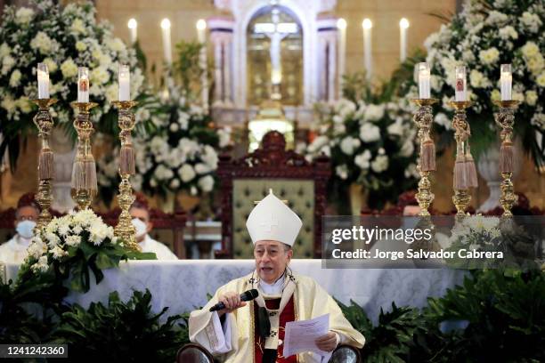 Cardinal Oscar Andres Rodriguez Maradiaga speaks as he celebrates mass at Suayapa Cathedral on June 11, 2022 in Tegucigalpa, Honduras. Rodriguez is...