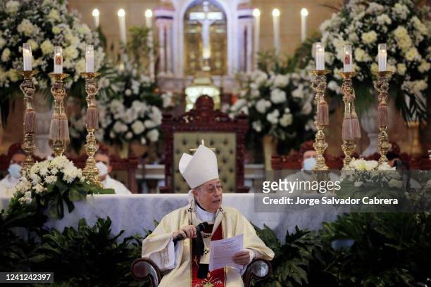 Cardinal Oscar Andres Rodriguez Maradiaga speaks as he celebrates mass at Suayapa Cathedral on June 11, 2022 in Tegucigalpa, Honduras. Rodriguez is...