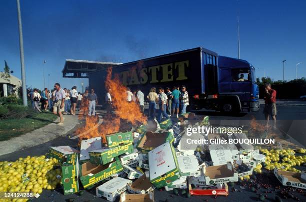 Manifestation against the import of fruit In Narbonne, France On July 28,1993 - The cargo of several Spanish trucks was set ablaze.
