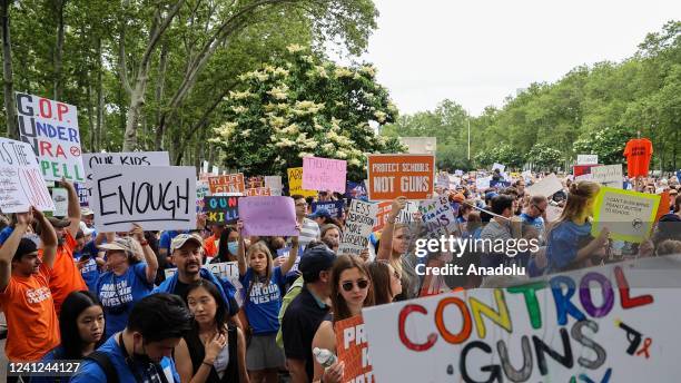 Thousands are gathered at the Cadman Plaza during the 'March For Our Lives' to protest gun violence as they march on Brooklyn Bridge to Manhattan in...