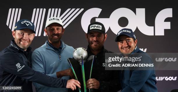 Members of the Stinger team third-placed South African golfer Branden Grace, first-placed South African golfer Charl Schwartzel, tenth-placed South...