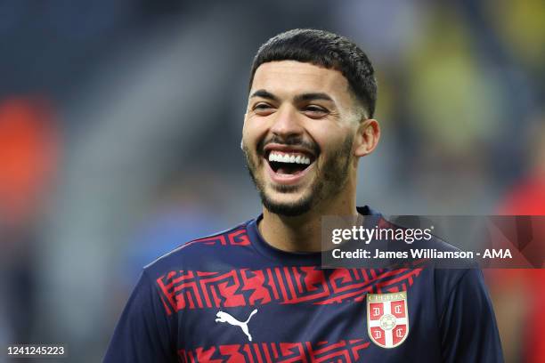 Nemanja Radonjic of Serbia during the UEFA Nations League League B Group 4 match between Sweden and Serbia at Friends Arena on June 9, 2022 in Solna,...