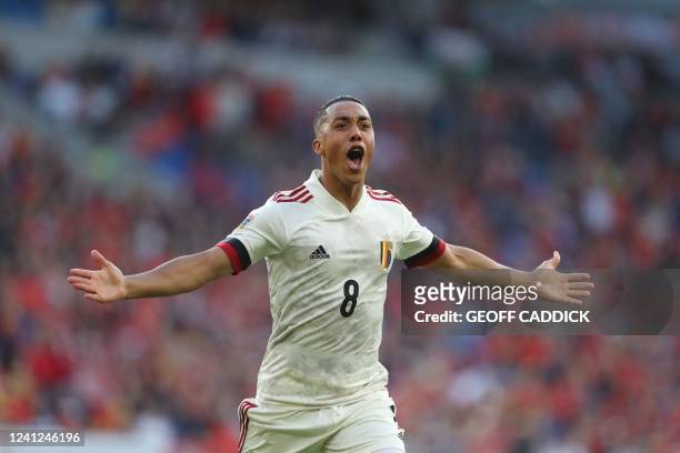Belgium's midfielder Youri Tielemans celebrates scoring his team's first goal during the UEFA Nations League, league A group 4 football match between...