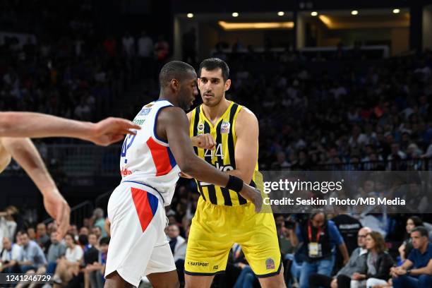 Bryant Dunston of Anadolu Efes S.K. And Ahmet Duverioglu of Fenerbahce Beko during the ING Turkish Super League Final series third leg match between...