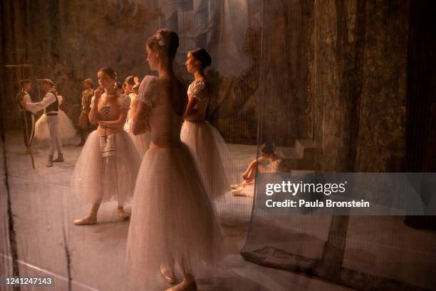 Ballet dancers are seen onstage before the ballet performance Giselle begins June 10, 2022 in Lviv, Ukraine. The Lviv National Opera house resumed...