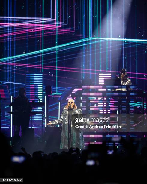 Neil Tennant and Chris Lowe of Pet Shop Boys perform live on stage during a concert at the Mercedes-Benz Arena on June 11, 2022 in Berlin, Germany.