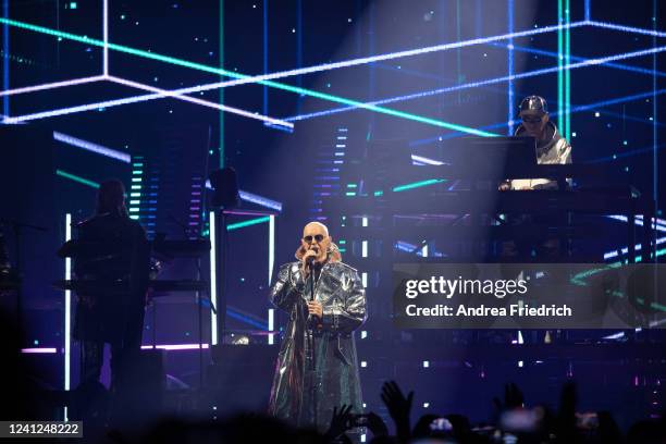 Neil Tennant and Chris Lowe of Pet Shop Boys perform live on stage during a concert at the Mercedes-Benz Arena on June 11, 2022 in Berlin, Germany.