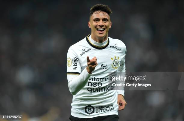Gustavo Mantuan of Corinthians celebrates after scoring the second goal of his team during the match between Corinthians and Juventude as part of...