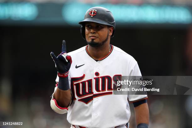 Luis Arraez of the Minnesota Twins celebrates his single against the Tampa Bay Rays in the sixth inning of the game at Target Field on June 11, 2022...