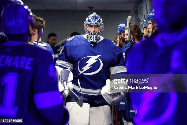Goalie Andrei Vasilevskiy of the Tampa Bay Lightning gets ready for the game against the New York Rangers before Game Six of the Eastern Conference...
