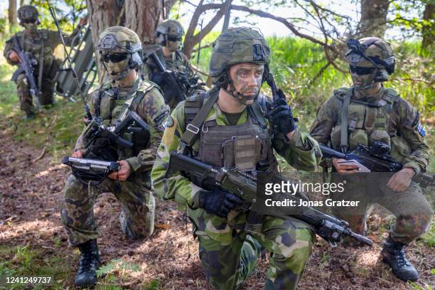 Finnish soldiers perform war simulation exercises during the Baltic Operations NATO military drills on June 11, 2022 in the Stockholm archipelago,...