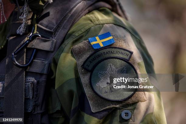 The patch of a Swedish Amphibious Battalion soldier is shown during the Baltic Operations NATO military drills on June 11, 2022 in the Stockholm...