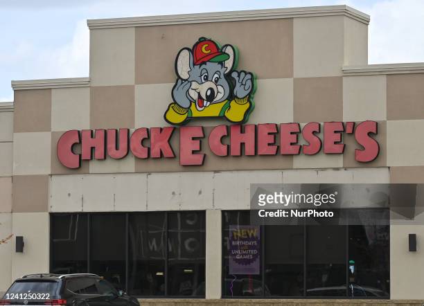 Logo of Chuck E Cheese's in South Edmonton Common. Friday, May 20 in Edmonton, Alberta, Canada.
