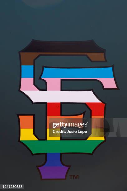 Detailed view of the San Francisco Giants logo in Pride colors prior to the game between the Los Angeles Dodgers and the San Francisco Giants at...