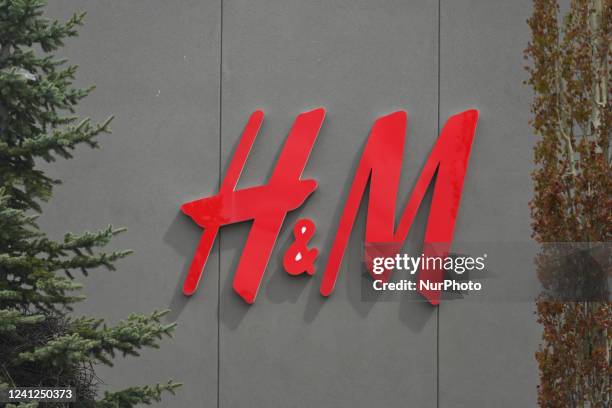 Logo of H and M in South Edmonton Common. Friday, May 20 in Edmonton, Alberta, Canada.