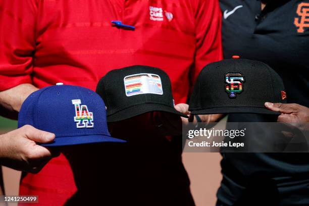 Detailed view of Pride hats prior to the game between the Los Angeles Dodgers and the San Francisco Giants at Oracle Park on Saturday, June 11, 2022...