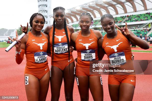 Kynnedy Flannel, Rhasidat Adeleke, Kevona Davis and Julien Alfred of the Texas Longhorns pose for a photo after the womens 4x100 meter relay final...