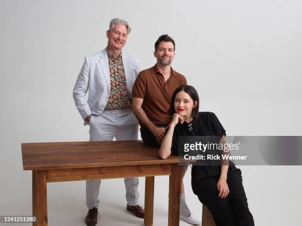 Travis Stevens, Josh Ruben and Sarah Lind from the film 'A Wounded Fawn' pose for a portrait during the 2022 Tribeca Film Festival at Spring Studio...