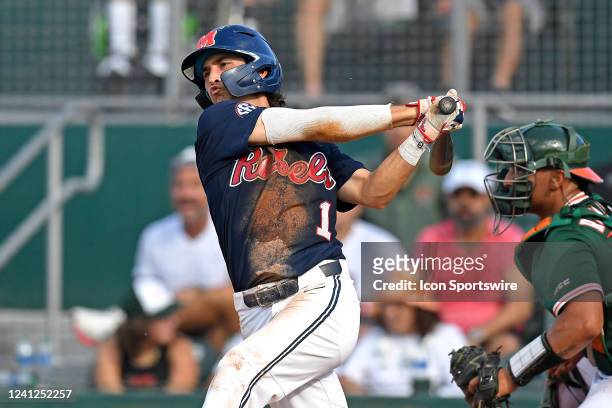 Ole Miss infielder Peyton Chatagnier bats in the sixth inning as the University of Miami Hurricanes faced the University of Mississippi Ole Miss...