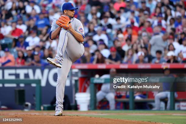 Carlos Carrasco of the New York Mets pitches during the game between the New York Mets and the Los Angeles Angels at Angel Stadium on Saturday, June...