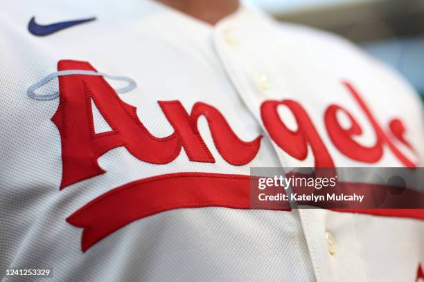 Detailed view of the Los Angeles Angels Nike City Connect uniform prior to the game between the New York Mets and the Los Angeles Angels at Angel...