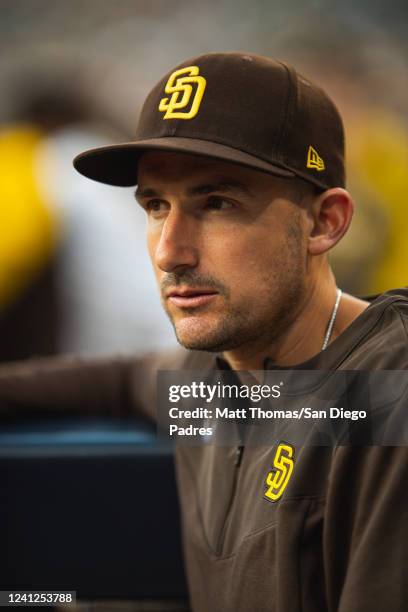 Quality Coach Ryan Flaherty of the San Diego Padres looks on in the second inning against the Colorado Rockies during game two of a double header on...