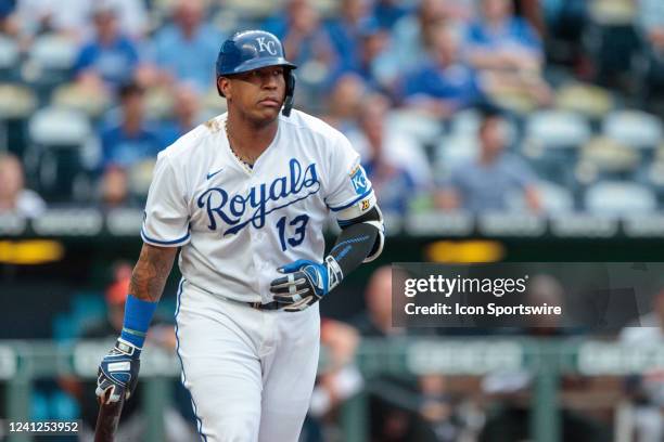 Kansas City Royals catcher Salvador Perez after hitting a home run against the Baltimore Orioles on June 9th, 2022 at Kauffman Stadium in Kansas...