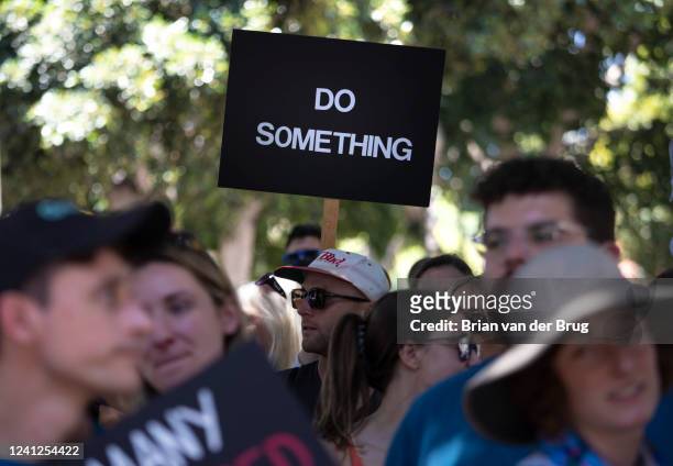 Los Angeles, CA Participants listen to speakers during March for our Lives against gun violence downtown on Saturday, June 11, 2022 in Los Angeles,...
