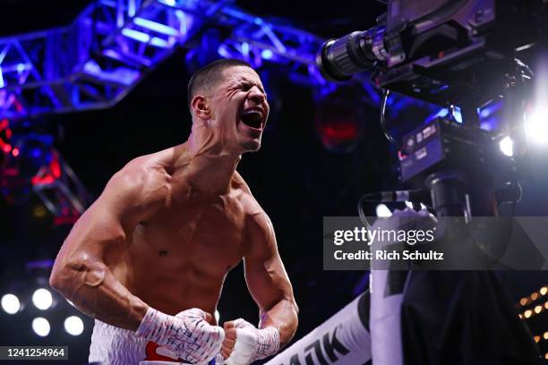 Edgar Berlanga reacts after defeating Alexis Angulo to win the NABO super middleweight championship fight at The Hulu Theater at Madison Square...