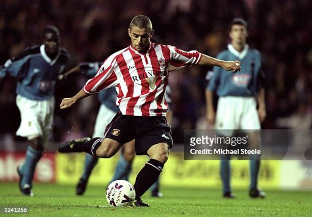 Kevin Phillips of Sunderland scores from the penalty spot against Aston Villa during the FA Carling Premiership match at the Stadium of Light in...