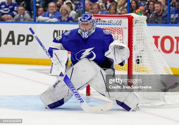 Tampa Bay Lightning goaltender Andrei Vasilevskiy looks to make a save during the NHL Hockey Eastern Conference Finals Game 6 of the Stanley Cup...