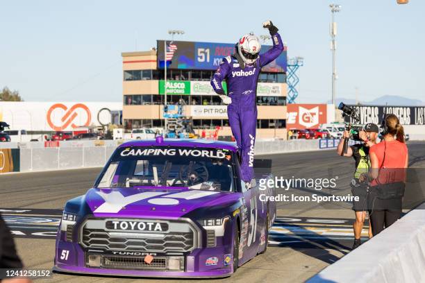 Kyle Busch celebrates his victory during the NASCAR Camping World Truck Series DoorDash 250 on June 12, 2022 at the Sonoma Raceway in Sonoma, CA.