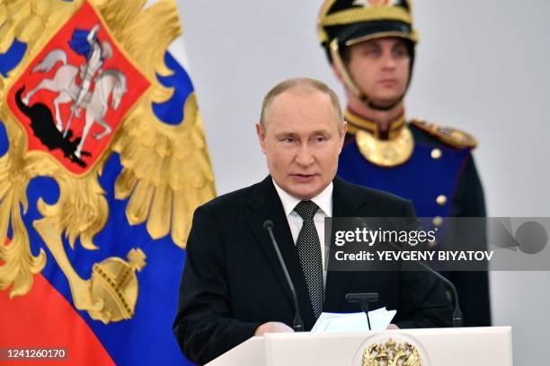 Russian President Vladimir Putin speaks at the ceremony of awarding the State Awards in the field of science and technology, literature and art, for...