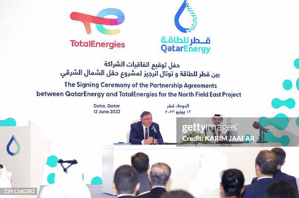 Qatar's Minister of State for Energy Affairs and President and CEO of QatarEnergy Saad Sherida al-Kaabi and French energy group TotalEnergies CEO...