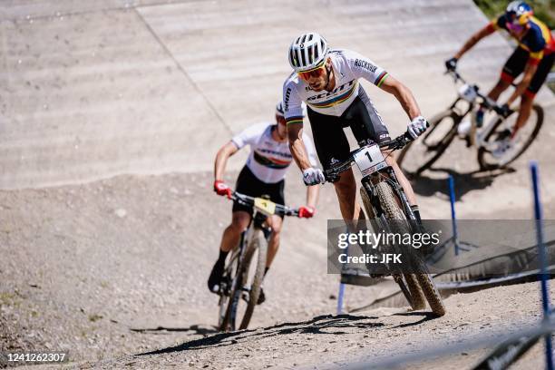 Switzerland's Nino Schurter competes during the Men's Cross Country Olympic Competition of the UCI Mountain Bike World Cup in Leogang, Austria, on...