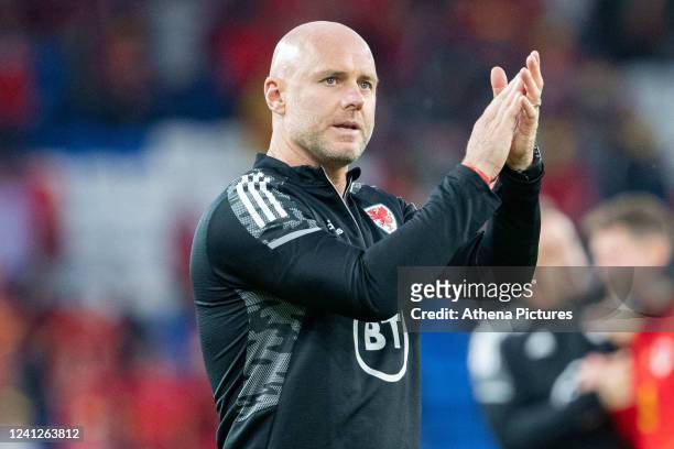 Rob Page Manager of Wales applauds the supporters during the UEFA Nations League match between Wales and Belgium at Cardiff City Stadium on June 11,...