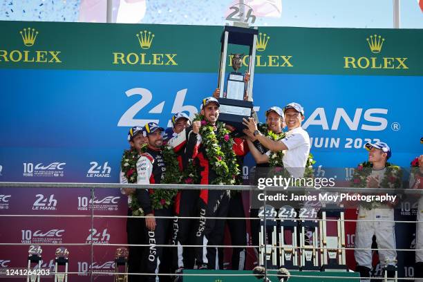 Race winners the Toyota Gazoo Racing team of of Sebastien Buemi of Japan, Ryo Hirakawa of Japan, Brendon Hartley of New Zealand, with Kazuki Nakajima...