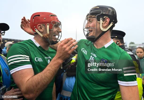 Tipperary , Ireland - 5 June 2022; Barry Nash, left, and Conor Boylan of Limerick celebrate after the Munster GAA Hurling Senior Championship Final...