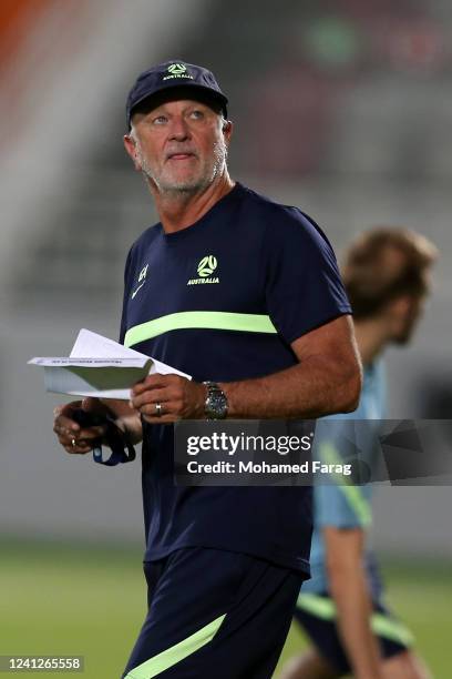 Australia's coach Graham Arnold attends an Australia Socceroos training session at Abdullah bin Khalifa Stadium on June 12, 2022 in Doha, Qatar.