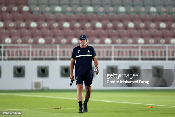 Australia's coach Graham Arnold attends an Australia Socceroos training session at Abdullah bin Khalifa Stadium on June 12, 2022 in Doha, Qatar.
